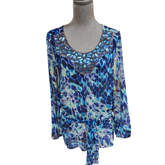Cache Women's Blue Beaded Long Sleeve Sheer Blouse Small NWT - Picture 6 of 7